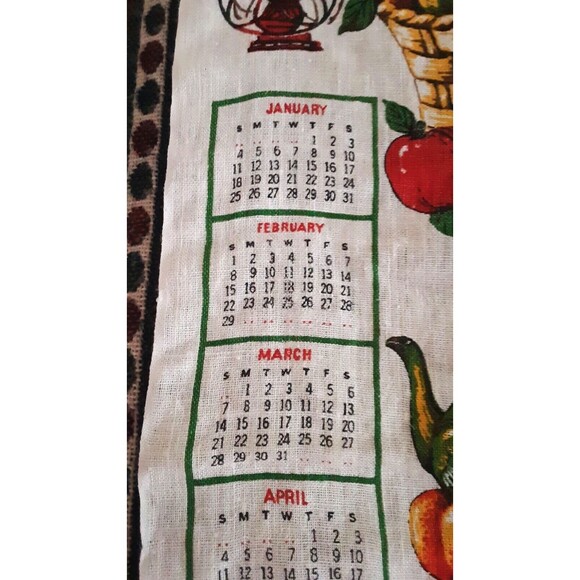 Wall Calendar 1976 Linen Kitchen Tea Towel 16x27 Peaches Teapot Flowers Blessing - Picture 6 of 12